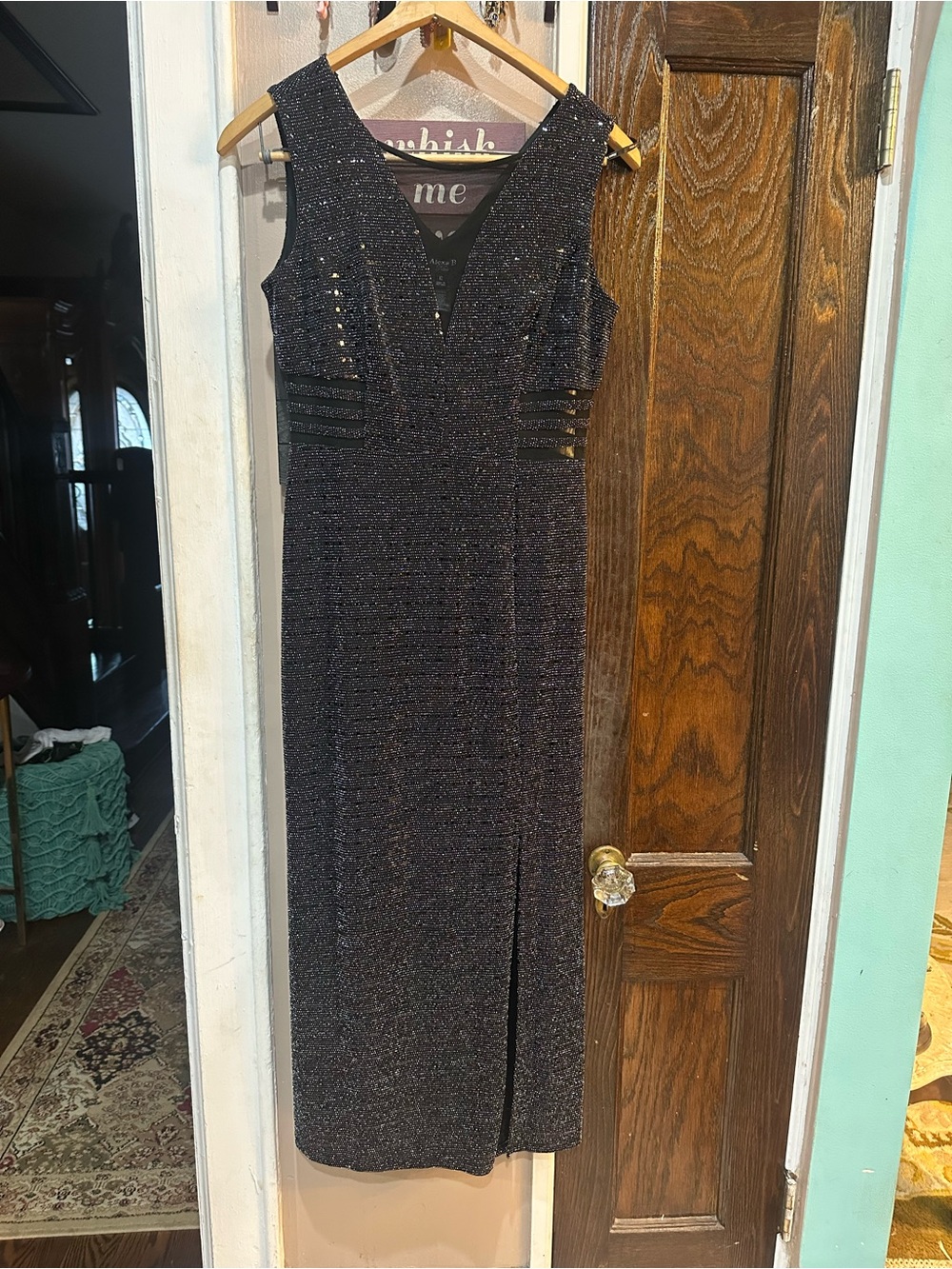 Alexa B Nites Sleeveless V-Neck Sparkle Maxi Dress in Black